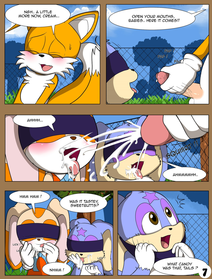 2013 anthro canine comic cum cum_in_mouth cum_inside day english_text eyelashes female fence fox hi_res lagomorph launny male mammal open_mouth outside rabbit smile text unistar young
