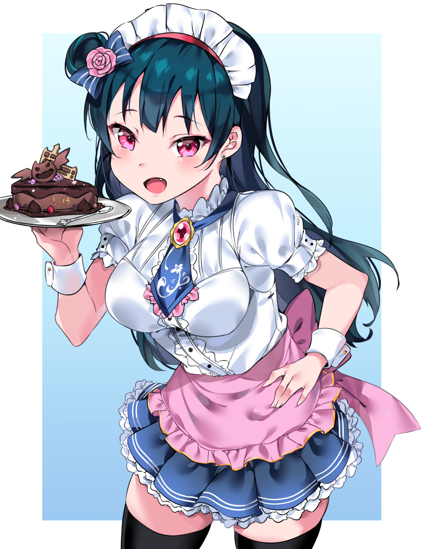 :d absurdres apron black_hair black_legwear blue_background blue_bow blue_neckwear blue_skirt blush bow breasts brooch cake center_frills chocolate_cake commentary_request earrings fang flower food frilled_apron frills hair_bow hair_bun hair_flower hair_ornament highres holding holding_plate jewelry leaning_forward long_hair looking_at_viewer love_live! love_live!_sunshine!! maid_headdress medium_breasts open_mouth pink_apron pink_flower pink_rose plate pleated_skirt puffy_short_sleeves puffy_sleeves purple_eyes rose shirt short_sleeves side_bun skirt smile solo striped striped_bow tem10 thighhighs tsushima_yoshiko two-tone_background very_long_hair waist_apron white_background white_shirt wrist_cuffs