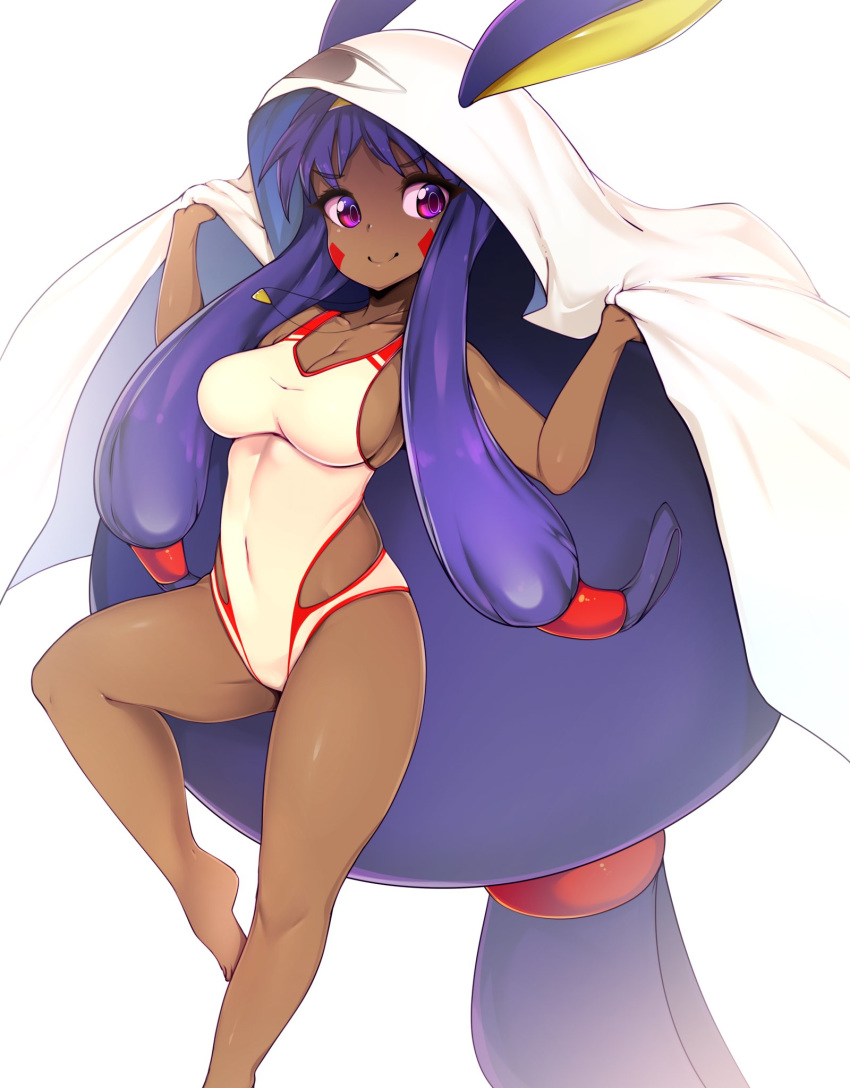 animal_ears bad_id bad_twitter_id blanket breasts cleavage closed_mouth covered_navel dark_skin eyebrows_visible_through_hair facial_mark fate/grand_order fate_(series) highres jackal_ears jewelry long_hair looking_at_viewer medium_breasts medjed necklace nitocris_(fate/grand_order) nitocris_(swimsuit_assassin)_(fate) one-piece_swimsuit purple_eyes purple_hair sidelocks simple_background slugbox smile solo swimsuit very_long_hair white_background white_swimsuit