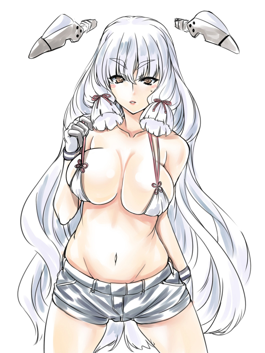 alternate_breast_size bikini_top breasts brown_eyes commentary eyebrows_visible_through_hair gloves hair_between_eyes hair_ribbon hakkai headgear highres kantai_collection large_breasts long_hair murakumo_(kantai_collection) navel older ribbon short_shorts shorts silver_hair simple_background solo swimsuit tress_ribbon very_long_hair white_background white_gloves
