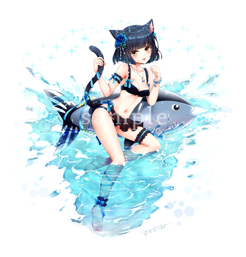 :d animal_ears arm_garter bangs bare_shoulders barefoot bikini black_bikini black_hair blue_bow blue_flower blue_ribbon blue_rose blunt_bangs blush bow breasts brown_eyes cat_ears cat_girl cat_tail cleavage collarbone commentary_request eyebrows_visible_through_hair fangs fingernails flower hair_flower hair_ornament hands_up highres inflatable_fish inflatable_toy jewelry leg_garter leg_ribbon looking_at_viewer medium_breasts navel omoomomo open_mouth original pendant ribbon rose sample short_hair signature smile solo sparkle star swimsuit tail tail_grab tail_ribbon water white_background