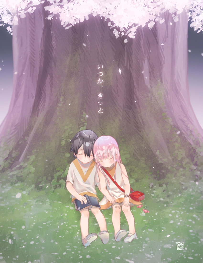 1boy 1girl bag bandaid bandaid_on_knee bare_shoulders black_hair bomhat book book_on_lap bracelet candy cherry_blossoms commentary_request couple darling_in_the_franxx dress eyes_closed food grass hand_holding handbag hetero hiro_(darling_in_the_franxx) jewelry long_hair no_socks open_book petals pink_hair shirt shoes short_hair short_sleeves sitting sleeping sleeping_on_person sleeveless sleeveless_dress translated tree white_dress white_footwear white_shirt younger zero_two_(darling_in_the_franxx)