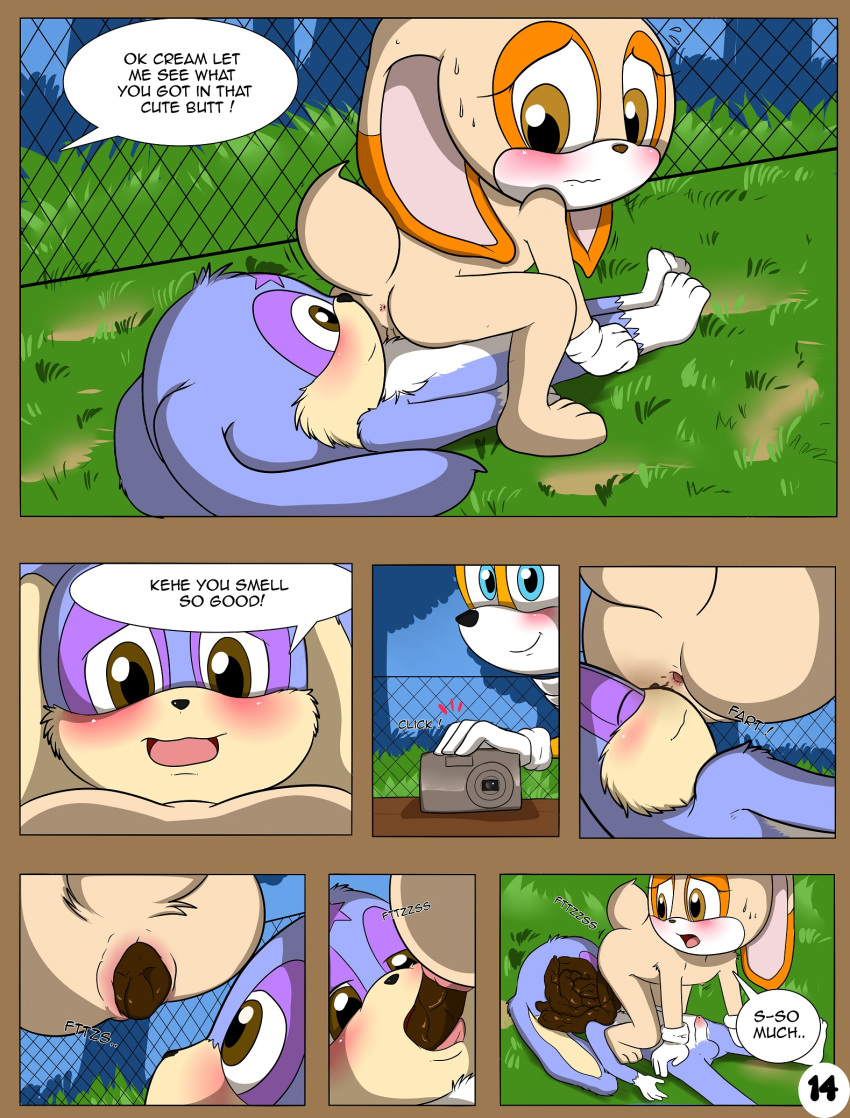 2013 anthro canine comic day eating_feces english_text eyelashes feces female fence fox hi_res lagomorph launny male mammal open_mouth outside penis pussy rabbit scat smile text unistar young