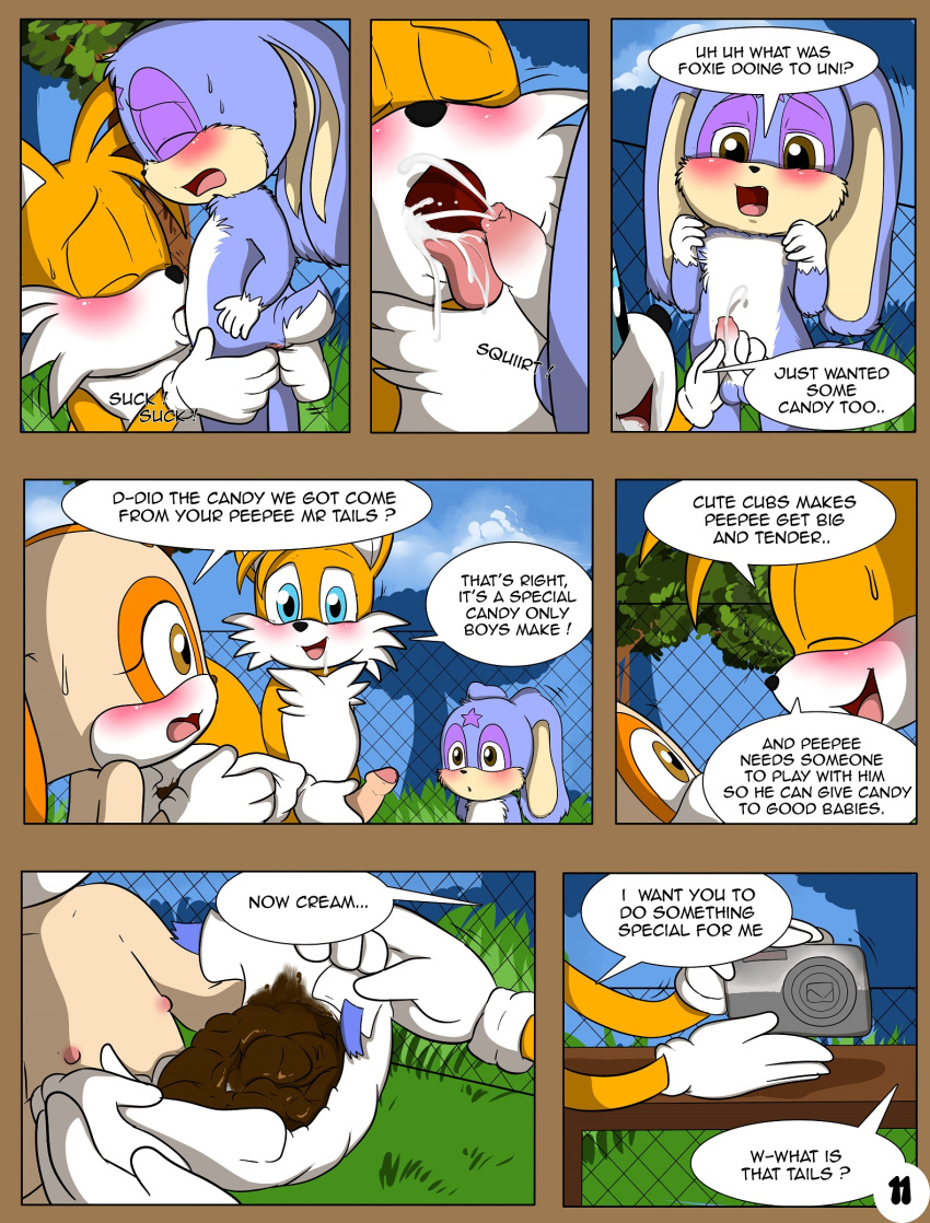 2013 anthro canine comic cum cum_in_mouth cum_inside day english_text eyelashes feces female fence fox hi_res lagomorph launny male mammal messy_diaper open_mouth oral outside penis rabbit scat sex smile text unistar young