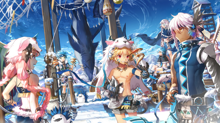 4boys :d abs add_(elsword) aisha_(elsword) alternate_costume alternate_hairstyle animal animal_hood bare_shoulders blue_hair blue_sky braid cape chest chilling_hedgehog_(elsword) chung_seiker cloud crop_top day elsword elsword_(character) eve_(elsword) facial_mark fish footprints from_behind fur_trim hair_ornament hand_on_hip highres hood looking_at_another midriff multiple_boys multiple_girls net open_mouth outdoors pink_hair profile purple_eyes raven_(elsword) red_eyes scorpion5050 shark shirtless shorts sitting sky smile snow standing stick teeth twin_braids watchtower wind yellow_eyes