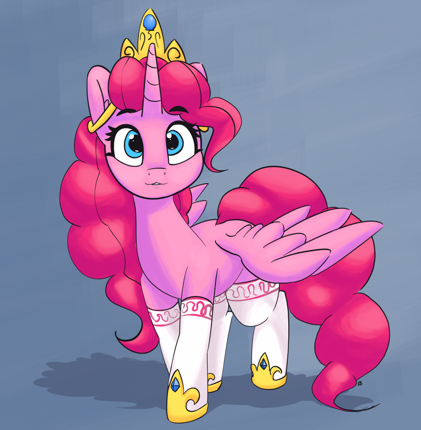 2018 :3 absurd_res alternate_species blue_eyes clothing crown cute equine eyebrows eyelashes feathered_wings feathers female feral friendship_is_magic grey_background hair hi_res hooves horn legwear looking_at_viewer mammal mostly_nude my_little_pony pabbley pink_feathers pink_hair pinkie_pie_(mlp) portrait royalty shadow simple_background solo stockings teeth thigh_highs walking winged_unicorn wings