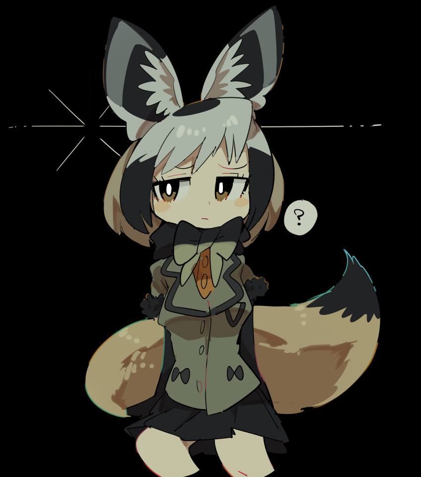 2018 ? absurd_res animal_humanoid armwear bat-eared_fox bat-eared_fox_(kemono_friends) biped black_background black_clothing black_hair black_tail blush bow_tie breasts brown_eyes canine canine_humanoid clothing confusion digital_drawing_(artwork) digital_media_(artwork) dipstick_tail dog_humanoid elbow_gloves female front_view frown gloves grey_clothing grey_hair grey_tail hair half-closed_eyes half-length_portrait hi_res humanoid inner_ear_fluff japanese kemono_friends leggings legwear light_skin looking_away mammal medium_breasts multicolored_hair multicolored_tail orange_clothing pleated_skirt portrait school_uniform short_hair simple_background sitting skirt solo speech_bubble tan_skin two_tone_hair two_tone_tail uniform 緘黙さん