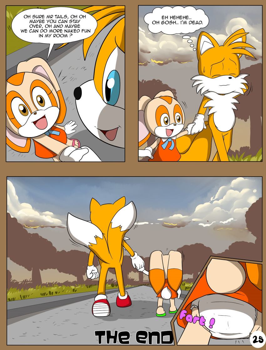2013 anthro canine clothing comic english_text eyelashes fart female fox hand_holding hi_res lagomorph launny male mammal open_mouth outside rabbit smile speech_bubble text unistar young
