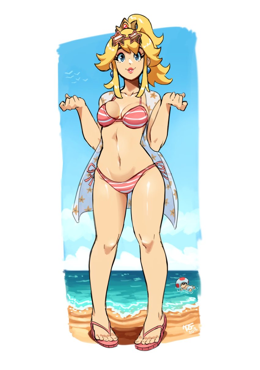 absurdres artist_request beach bikini blonde_hair blue_eyes commentary crown earrings english_commentary full_body highres jewelry mario_(series) navel pink_bikini princess_peach ravenousruss sandals side-tie_bikini solo striped striped_bikini super_mario_bros. swimsuit toad