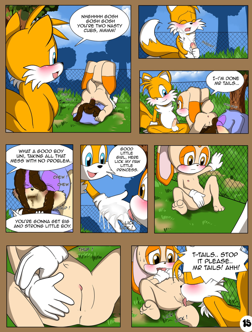 2013 anthro canine comic day eating_feces english_text eyelashes feces female fence fox hi_res lagomorph launny male mammal open_mouth outside penis pussy rabbit smile text unistar young