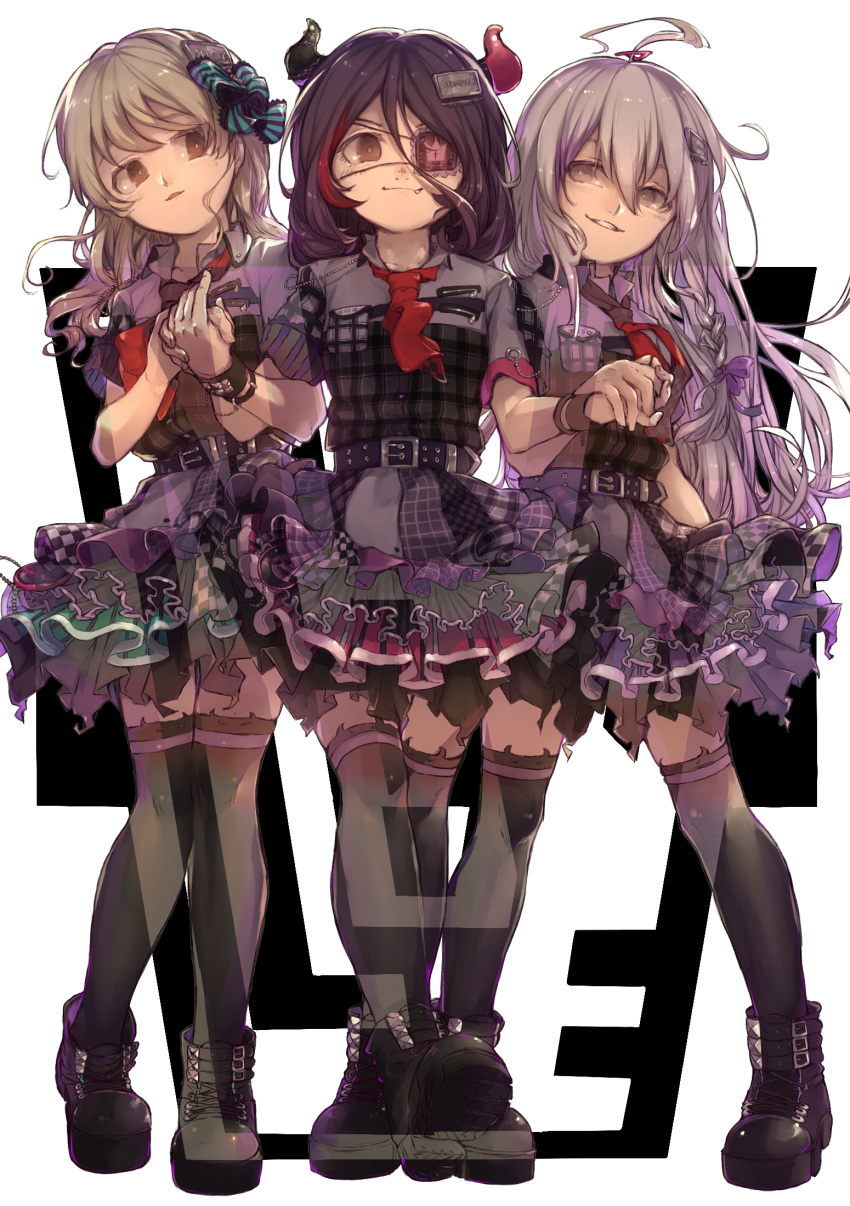 3girls ahoge bangs boots bow braid brown_eyes chains checkered commentary_request eyepatch fake_horns fang full_body grey_eyes grin hair_between_eyes hair_bow hair_ornament hairclip hand_holding hayasaka_mirei highres horn_band_legwear horn_ornament hoshi_shouko idol idolmaster idolmaster_cinderella_girls idolmaster_cinderella_girls_starlight_stage individuals light_brown_hair long_hair looking_at_viewer morikubo_nono multicolored_hair multiple_girls necktie open_mouth purple_hair sanmon_(mekko0929) short_hair silver_hair single_braid skirt smile thighhighs white_background