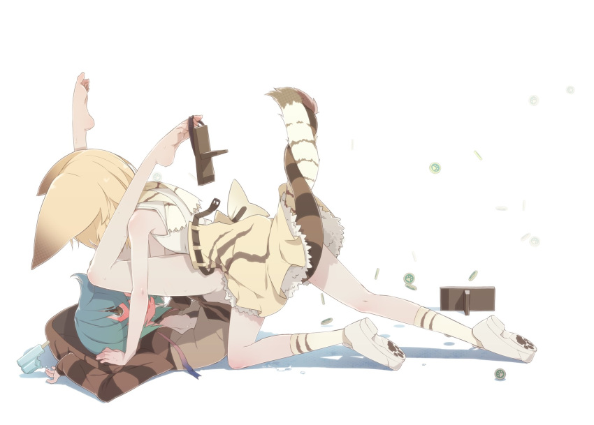 2girls animal_ears artist_request bare_shoulders blonde_hair blue_hair blush breasts brown_eyes coin feet food geta held_down highres hood hoodie ice_cream imminent_sex kemono_friends legs legs_up multiple_girls no_panties paw_print restrained sand_cat_(kemono_friends) short_hair simple_background small_breasts source_request striped_hoodie striped_tail tail tsuchinoko_(kemono_friends) white_background yuri