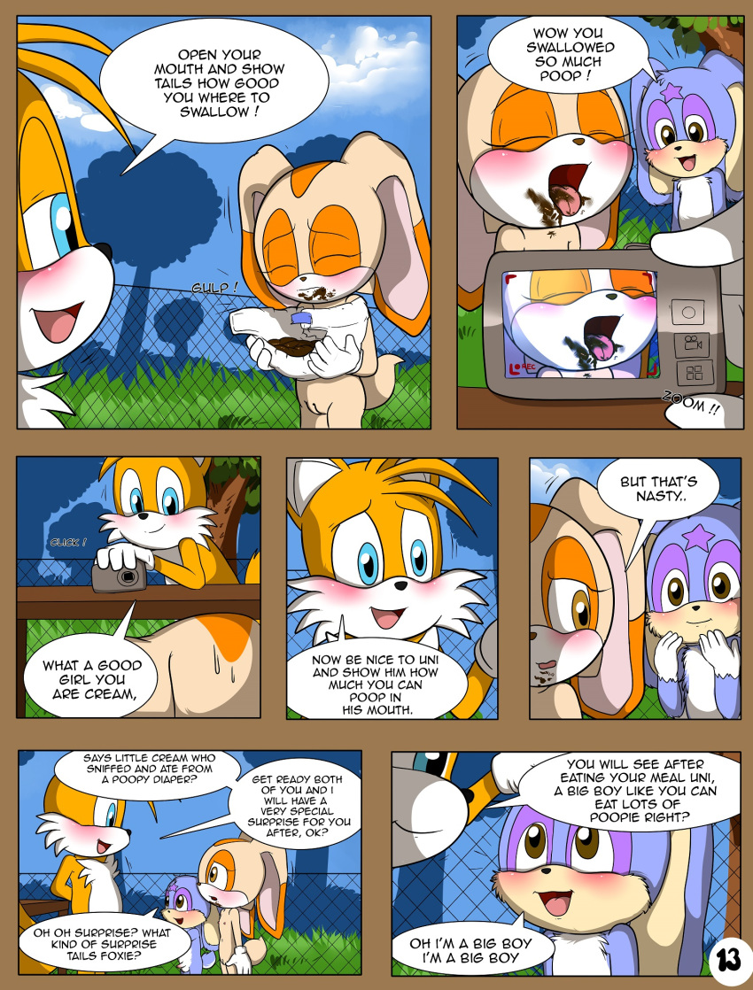 2013 anthro canine comic day eating_feces english_text eyelashes feces female fence fox hi_res lagomorph launny male mammal messy_diaper open_mouth outside penis pussy rabbit smile text unistar young