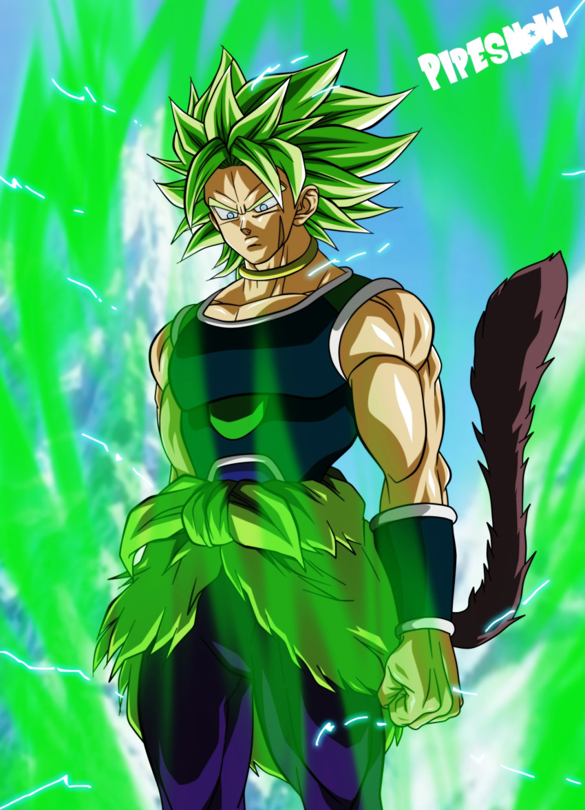 alternate_costume armor aura broly_(dragon_ball_super) dragon_ball dragon_ball_super dragon_ball_super_broly electricity facial_scar green_hair highres jewelry monkey_tail monochrome muscle necklace pants pipesnowart redesign scar scar_on_cheek short_hair spiked_hair super_saiyan tail