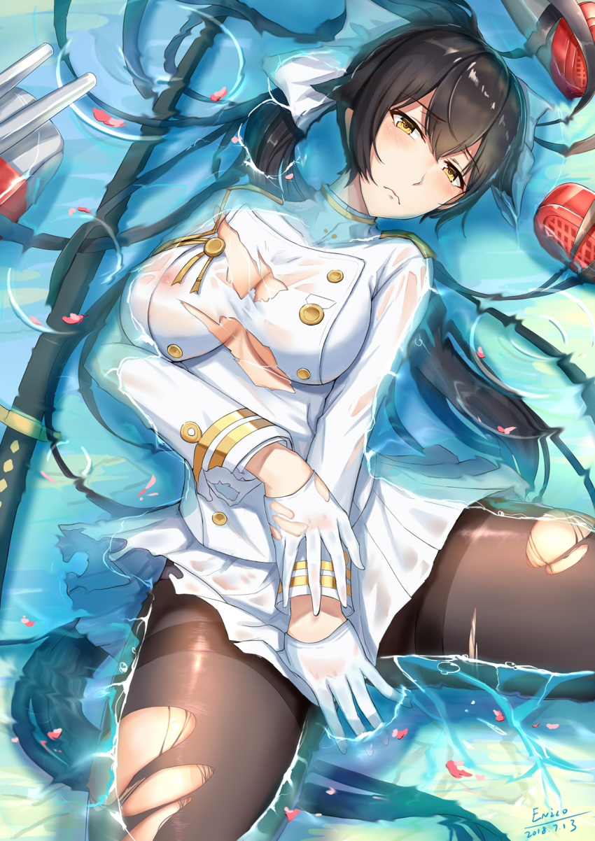 animal_ears azur_lane bangs black_hair blush bow breasts brown_eyes cannon chinese_commentary cleavage commentary_request covered_nipples dated frown gloves hair_bow half-closed_eyes half_gloves head_tilt highres in_water jacket large_breasts long_hair long_sleeves looking_at_viewer lying machinery military military_uniform miniskirt no_bra on_back pantyhose partially_submerged pleated_skirt ponytail rigging signature skirt solo sword takao_(azur_lane) thighs torn_clothes torn_legwear turret uniform very_long_hair weapon wet white_bow white_gloves white_jacket white_skirt yinyu_(nico)