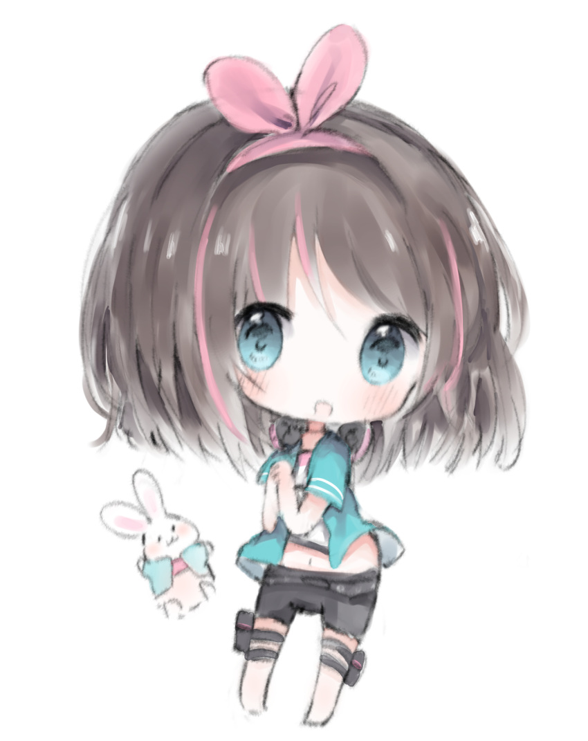 :d a.i._channel animal bangs barefoot big_head black_shorts blue_eyes blue_jacket blush brown_hair bunny chibi clothed_animal cottontailtokki eyebrows_visible_through_hair hair_between_eyes hair_ribbon highres jacket kizuna_ai long_hair midriff multicolored_hair navel open_clothes open_jacket open_mouth pink_hair pink_ribbon ribbon shirt short_shorts short_sleeves shorts simple_background smile solo standing streaked_hair virtual_youtuber white_background white_shirt