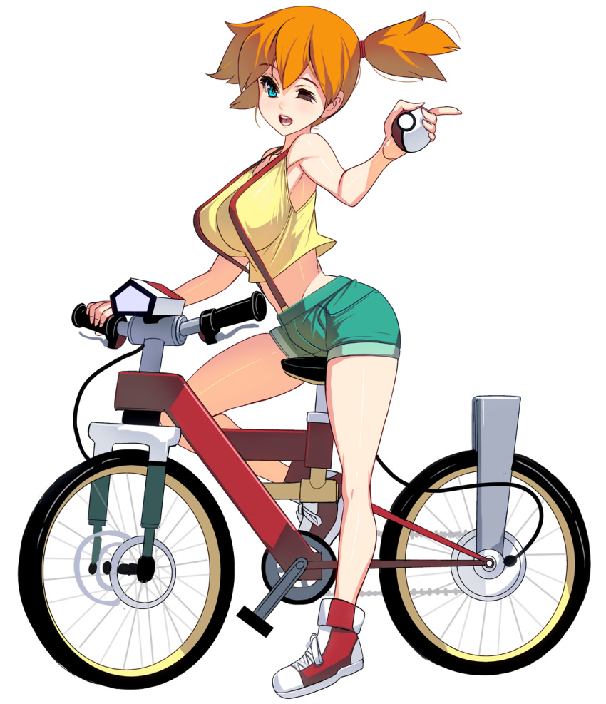 ;d alternate_breast_size aqua_eyes aqua_shorts arched_back bangs bare_arms bare_legs bare_shoulders bicycle breasts crop_top crop_top_overhang denim denim_shorts eyelashes fingernails from_side full_body ground_vehicle highres holding holding_poke_ball index_finger_raised kasumi_(pokemon) large_breasts long_fingernails looking_at_viewer looking_to_the_side masao midriff one_eye_closed open_mouth orange_hair poke_ball poke_ball_(generic) pokemon pokemon_(anime) pokemon_(classic_anime) red_footwear shirt shoes short_hair short_ponytail short_shorts shorts side_ponytail simple_background skindentation smile sneakers solo strap_gap suspenders tank_top white_background yellow_shirt