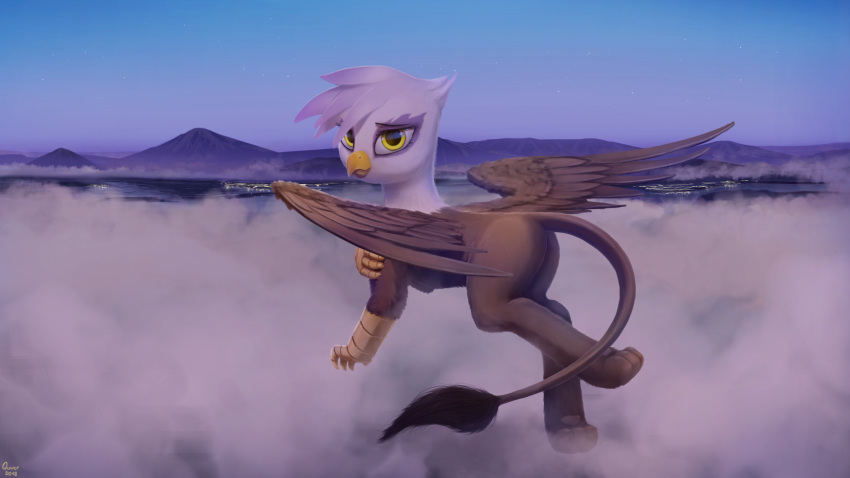 2018 avian beak feathered_wings feathers female feral friendship_is_magic gilda_(mlp) gryphon hair hi_res looking_at_viewer mountain my_little_pony outside quvr solo wings