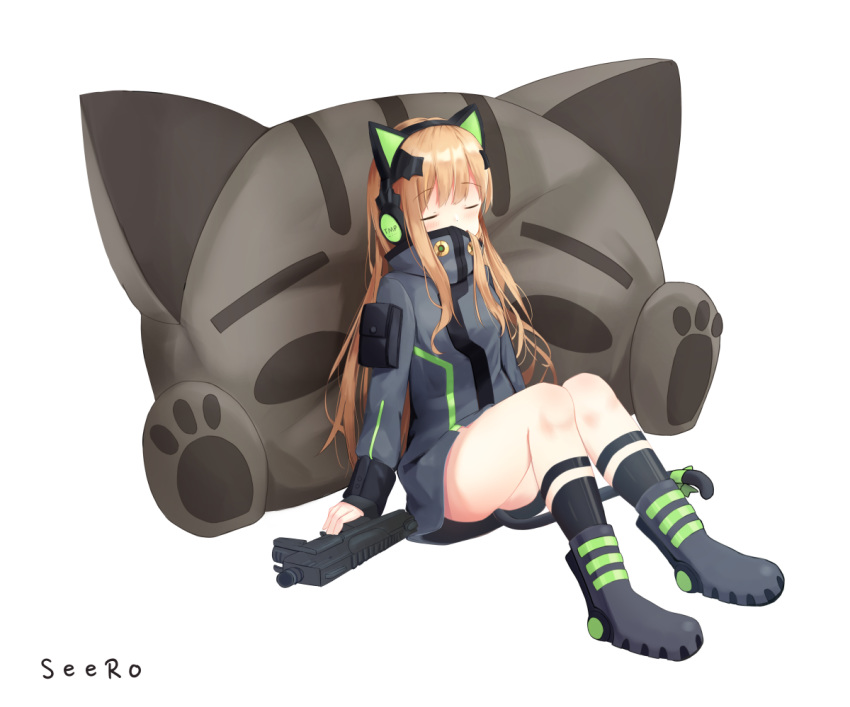 artist_name bangs black_legwear blush boots cat_ear_headphones cat_girl cat_pillow cat_tail character_name closed_eyes commentary covered_mouth eyebrows_visible_through_hair facing_viewer girls_frontline green_ribbon grey_footwear grey_jacket gun headphones holding holding_gun holding_weapon jacket long_sleeves object_namesake ribbon seero simple_background sitting sleeves_past_wrists socks solo steyr_tmp submachine_gun tail tail_ribbon tmp_(girls_frontline) weapon white_background