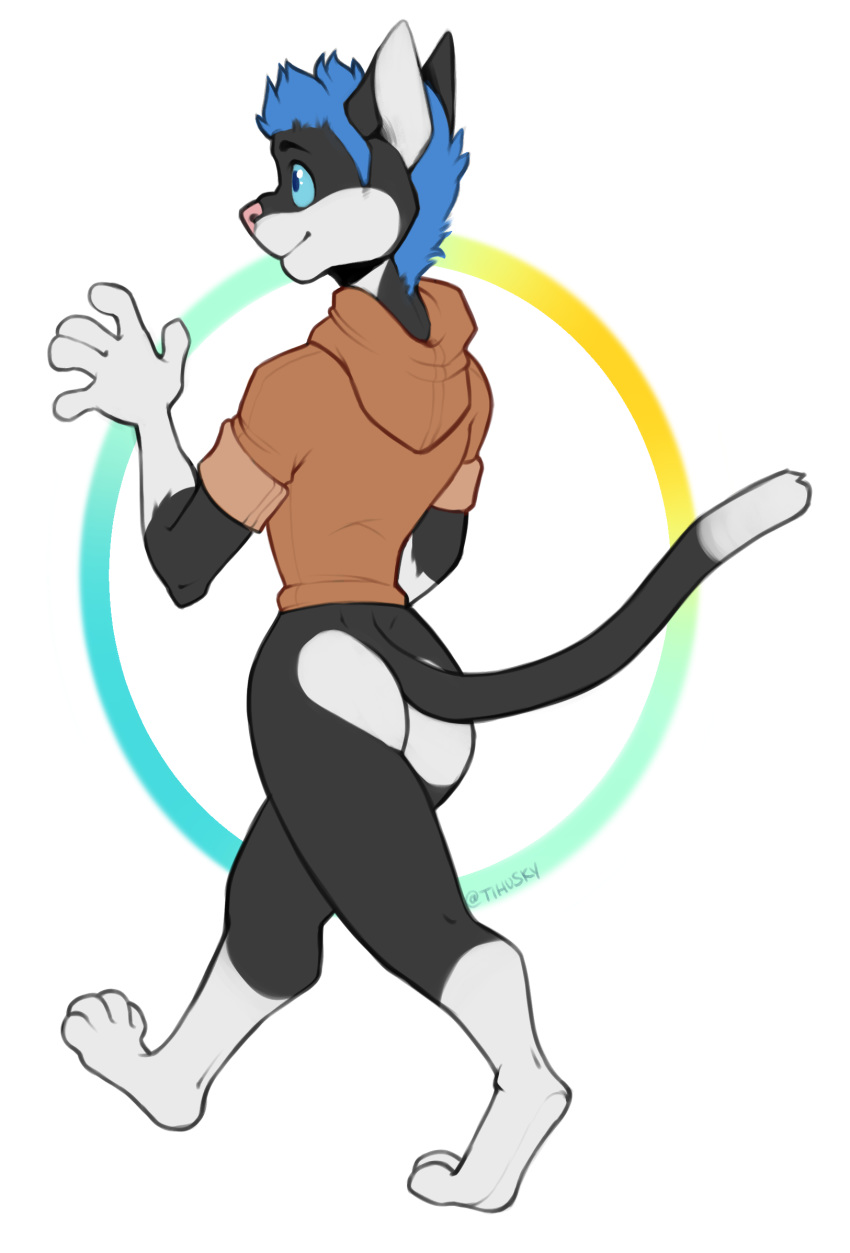 anthro bottomless butt clothed clothing feline hair male mammal simple_background smile solo spazzyhusky toony walking