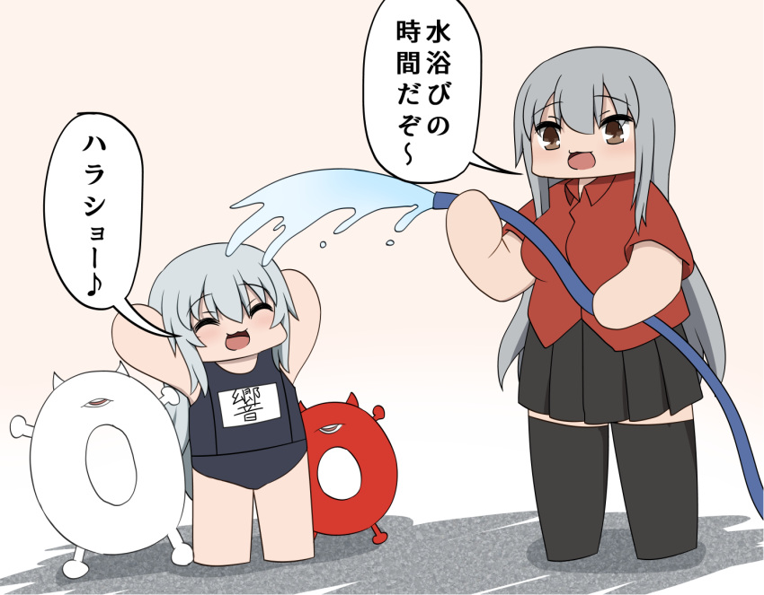 alternate_legwear black_legwear black_skirt blue_swimsuit blush bokota_(bokobokota) brown_eyes closed_eyes comic commentary enemy_lifebuoy_(kantai_collection) eyebrows_visible_through_hair facial_scar gangut_(kantai_collection) grey_hair hibiki_(kantai_collection) hose kantai_collection long_hair miniskirt multiple_girls name_tag open_mouth red_shirt scar scar_on_cheek shirt silver_hair skirt swimsuit thighhighs translated water