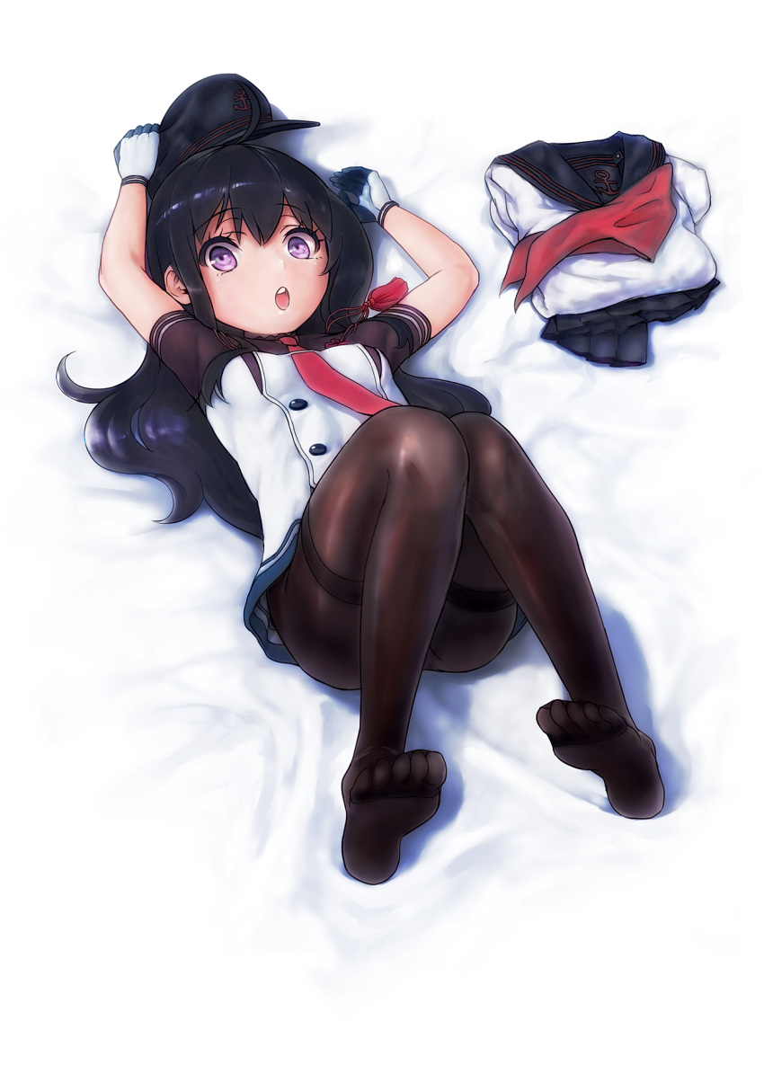 ahoge akatsuki_(kantai_collection) bed_sheet black_legwear blush breasts commentary_request cosplay dress eyebrows_visible_through_hair flat_cap folded_clothes gloves hair_between_eyes hat highres kantai_collection long_hair looking_at_viewer lying mao_san murakumo_(kantai_collection) murakumo_(kantai_collection)_(cosplay) necktie on_back open_mouth pantyhose pleated_skirt purple_eyes purple_hair red_neckwear remodel_(kantai_collection) school_uniform serafuku short_dress skirt small_breasts solo teeth thighband_pantyhose upper_teeth white_background