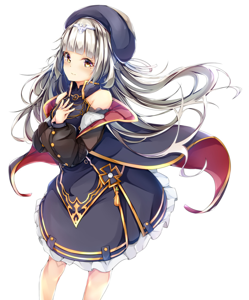 absurdres azur_lane bare_shoulders beret blue_dress blue_hat blue_jacket blush brown_eyes closed_mouth commentary_request cucchiore dress frilled_dress frills hands_up hat headpiece highres iron_cross jacket jewelry long_hair long_sleeves looking_at_viewer mole mole_under_eye puffy_long_sleeves puffy_sleeves ribbon ring silver_hair simple_background sleeveless sleeveless_dress smile solo very_long_hair wedding_band white_background white_ribbon z46_(azur_lane)