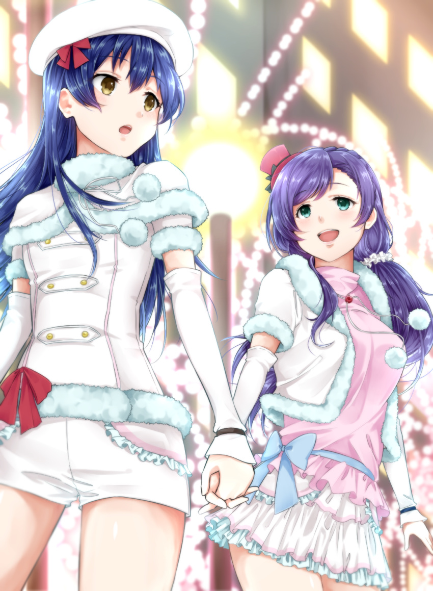 bangs blue_hair blush commentary_request cowboy_shot detached_sleeves eyebrows_visible_through_hair fur_trim hair_between_eyes hat highres holding_hands interlocked_fingers long_hair love_live! love_live!_school_idol_project mjhsk146 multiple_girls open_mouth purple_hair shorts smile snow_halation sonoda_umi toujou_nozomi twintails yellow_eyes