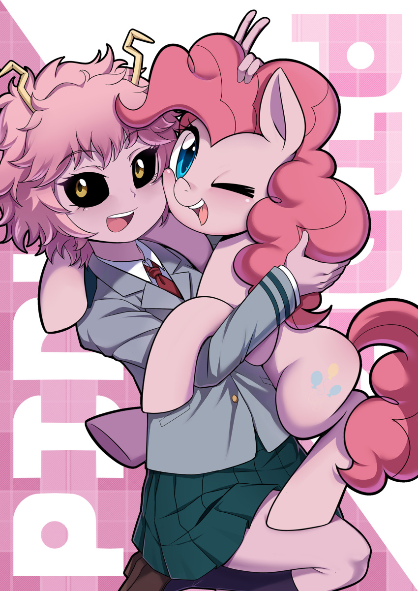 :d ;d absurdres ashido_mina black_sclera blazer blue_eyes boku_no_hero_academia brown_eyes caibao cheek-to-cheek collared_shirt color_connection commentary_request crossover eyebrows_visible_through_hair hand_on_another's_head highres horns horse hug jacket long_hair long_sleeves looking_at_viewer my_little_pony necktie one_eye_closed open_mouth pink_hair pinkie_pie purple_hair purple_skin school_uniform seiza shirt shoes short_hair sitting skirt smile socks tattoo u.a._school_uniform upper_teeth v wing_collar