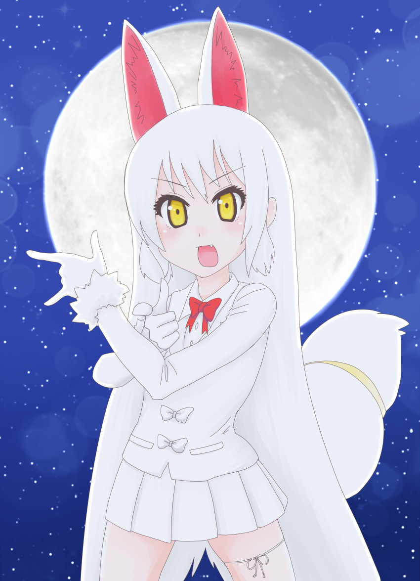 2016 5_fingers absurd_res animal_humanoid biped canine clothing crossover cute_fangs devil_horns digital_drawing_(artwork) digital_media_(artwork) eyelashes female flat_chested fox_humanoid front_view full_moon gloves hair half-length_portrait hi_res humanoid humanoid_hands inari_ōkami japanese japanese_mythology kemono_friends light_skin long_hair looking_at_viewer mammal moon mythology oinari-sama_(kemono_friends) open_mouth open_smile parody pleated_skirt pointing portrait pose sailor_moon_(series) skirt sky smile solo standing star starry_sky tailband tan_skin white_hair white_tail yellow_eyes ダビ