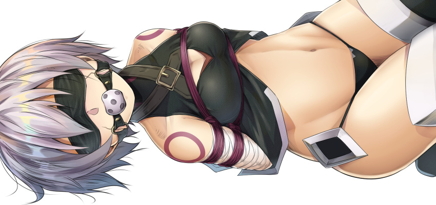 arms_behind_back ball_gag bandaged_arm bandages bangs bare_shoulders bdsm belt belt_buckle black_belt black_panties black_shirt blindfold bondage bound bound_arms breasts buckle cleavage collarbone covered_eyes facial_scar facing_viewer fate/apocrypha fate_(series) from_above gag gagged grey_hair groin halter_top halterneck highres jack_the_ripper_(fate/apocrypha) lying navel on_back panties restrained scar scar_across_eye scar_on_cheek shibari shirt short_hair shoulder_tattoo shunga_(shun608) simple_background sleeveless sleeveless_shirt small_breasts solo stomach tattoo thighhighs turtleneck underwear white_background white_legwear