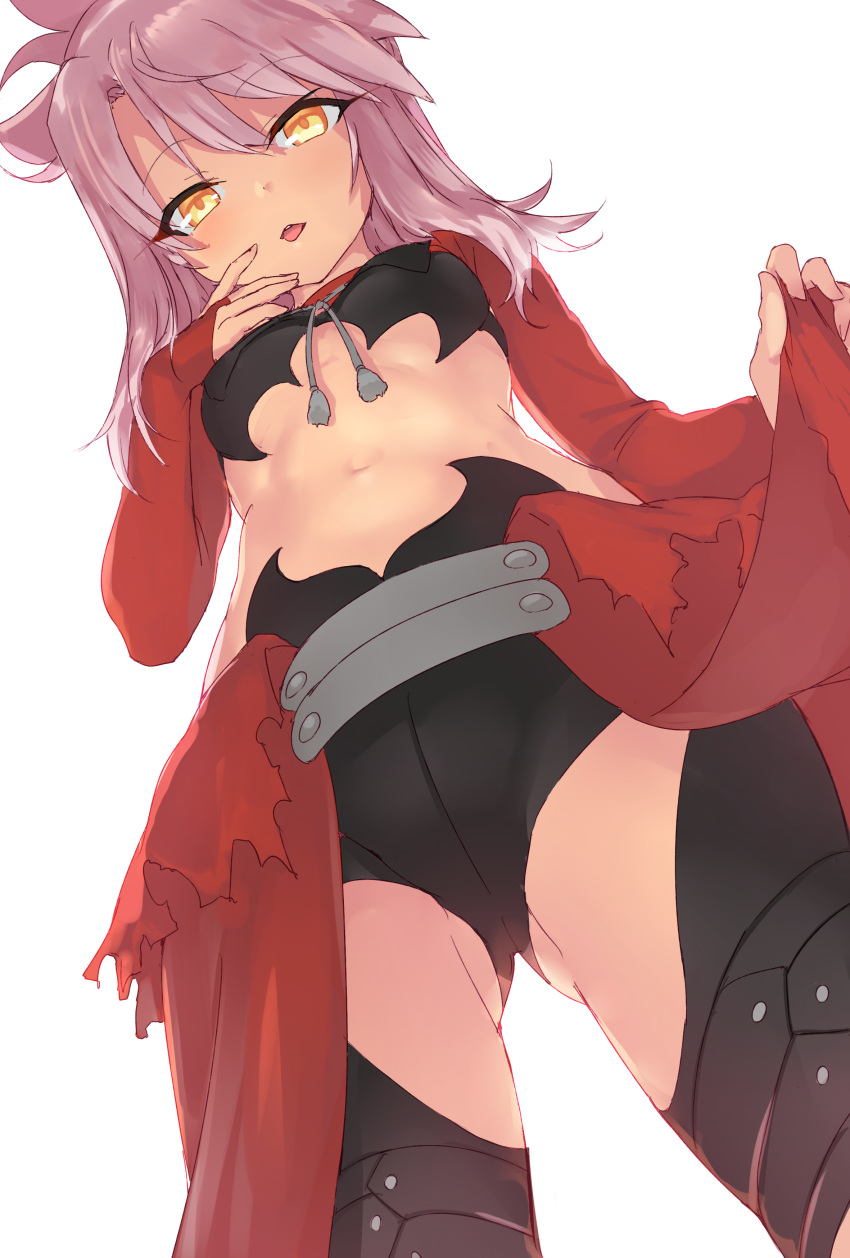 absurdres ass_visible_through_thighs bangs black_legwear blush breasts chloe_von_einzbern dark_skin eyebrows_visible_through_hair eyelashes fate/kaleid_liner_prisma_illya fate_(series) gradient gradient_background hair_between_eyes hand_on_own_chin highres hips long_hair looking_at_viewer midriff navel nishin_(nsn_0822) open_mouth parted_lips perspective pink_hair ponytail shrug_(clothing) small_breasts solo thighs tongue tongue_out waist_cape yellow_eyes