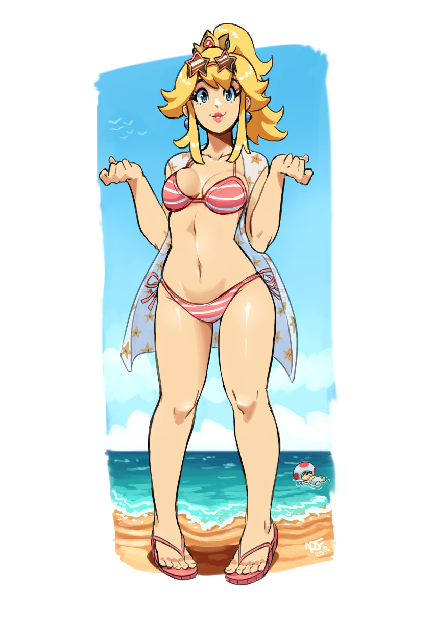 1girl absurdres bare_arms bare_legs beach bikini blonde_hair blue_eyes blue_sky breasts cloud collarbone commentary crown day english_commentary eyewear_on_head full_body hands_up highres lips long_hair looking_at_viewer mario_(series) medium_breasts mini_crown navel ocean open_clothes outdoors pink_bikini pink_lips ponytail princess_peach ravenousruss sand side-tie_bikini side-tie_bottom sky slippers smile solo_focus standing stomach striped striped_bikini summer sunglasses super_mario_bros. swimsuit toad toes water