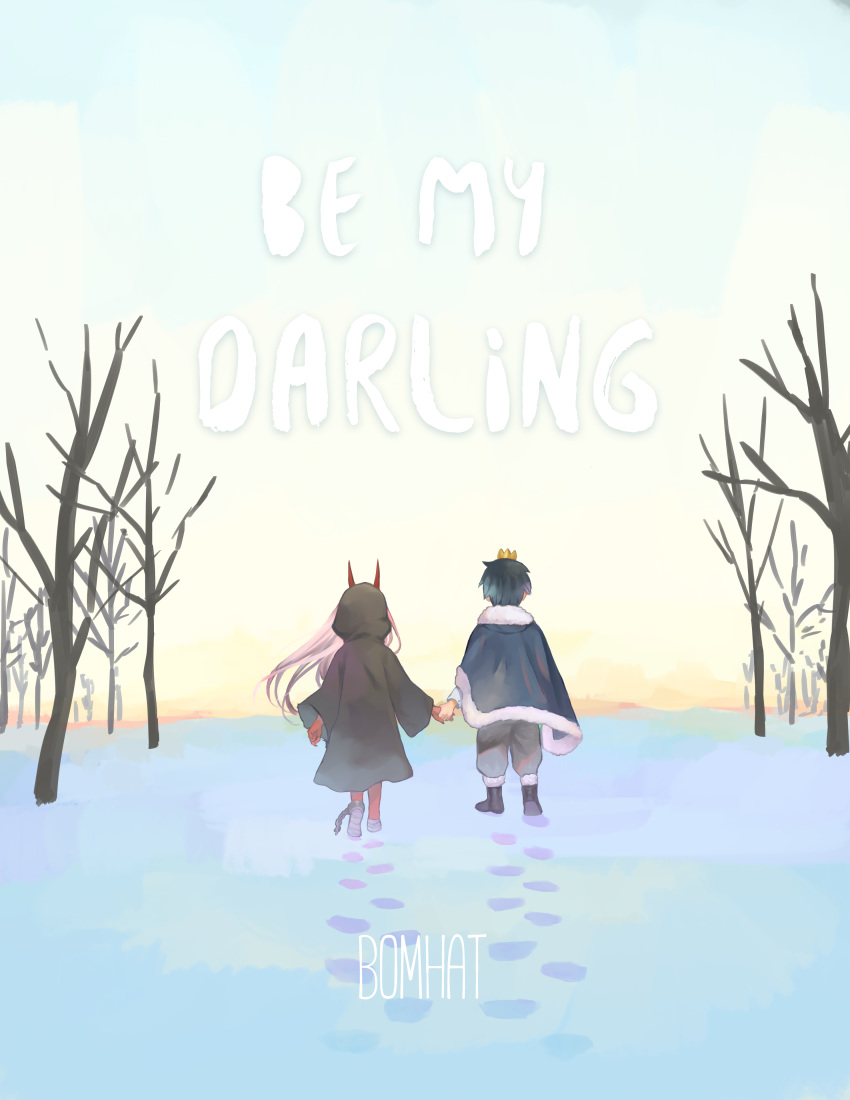 1boy 1girl bandage black_cloak black_hair blue_capelet bomhat boots cape capelet cloak couple crown darling_in_the_franxx footprints fur_boots fur_cape hand_holding hetero hiro_(darling_in_the_franxx) hood hood_up hooded_cloak horns long_hair oni_horns parka pink_hair red_horns red_skin short_hair snow tree younger zero_two_(darling_in_the_franxx)