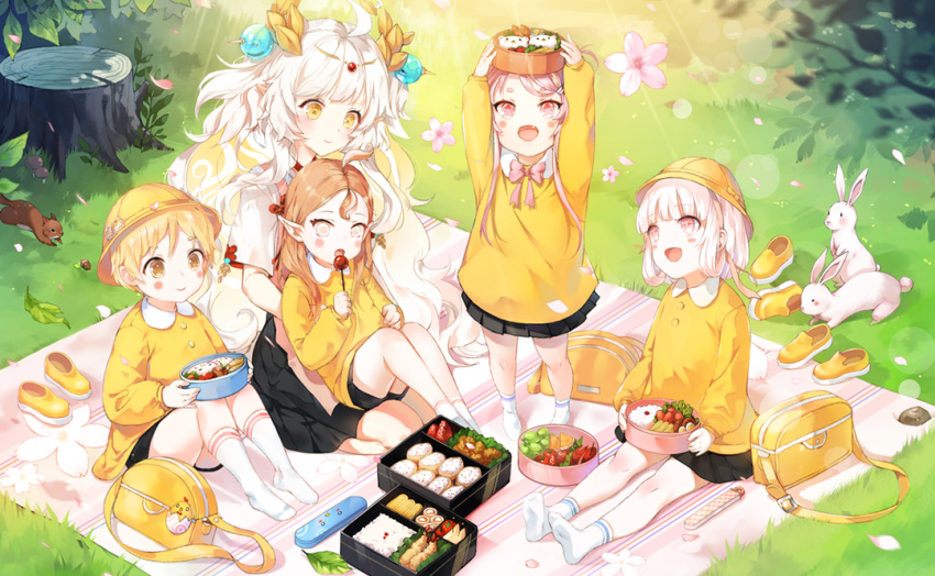 :d animal arms_up bag bangs black_skirt blonde_hair blush blush_stickers brown_eyes bunny closed_mouth collared_shirt commentary copyright_request day eyebrows_visible_through_hair fang flower food grass hat holding holding_food kindergarten_bag kindergarten_uniform kneehighs light_brown_hair long_hair long_sleeves multiple_girls no_shoes obentou open_mouth outdoors petals picnic pink_flower pink_hair pleated_skirt pointy_ears school_hat shade shirt shoes shoes_removed short_sleeves sitting skirt smile socks squirrel standing thick_eyebrows tree_stump very_long_hair white_hair white_legwear white_shirt yellow_eyes yellow_footwear yellow_hat yellow_shirt yumaomi