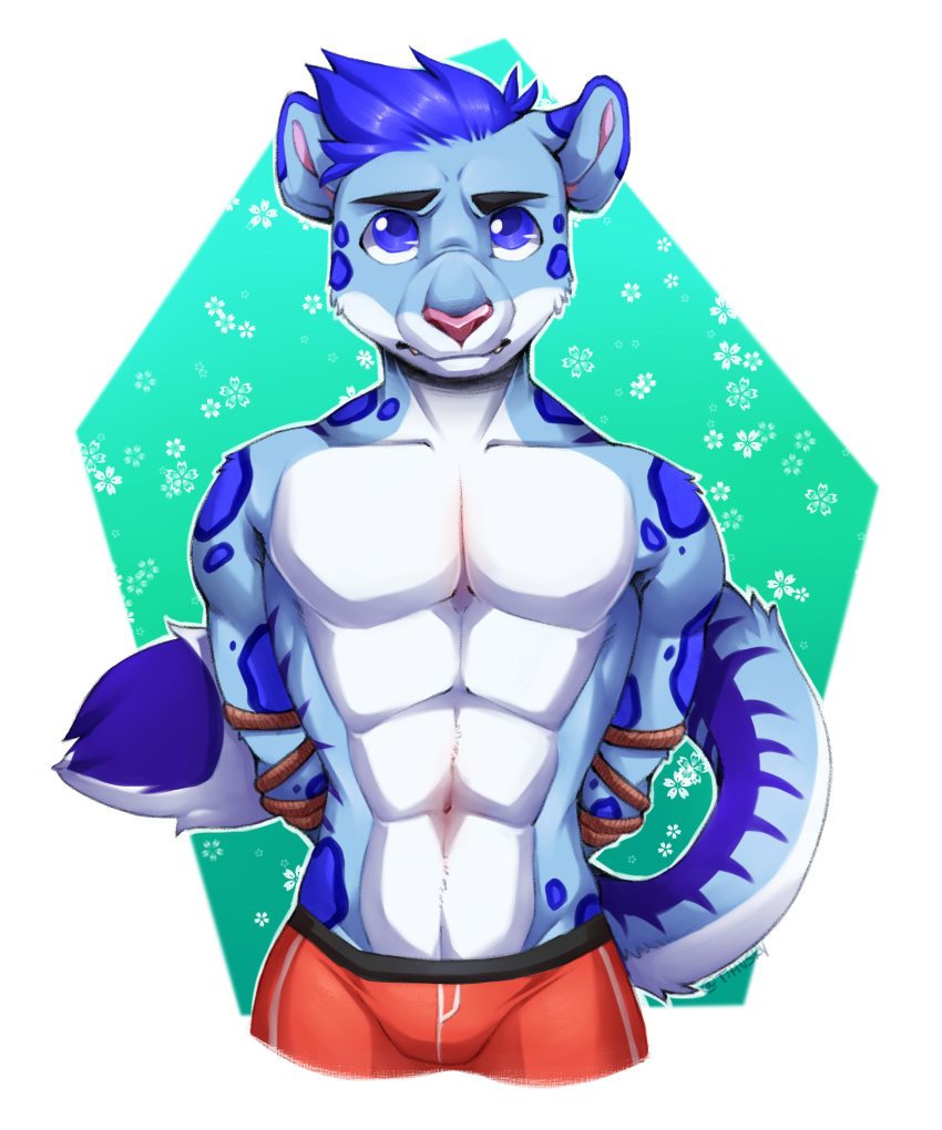 abs absurd_res anthro clothed clothing feline fur hair hands_behind_back hi_res looking_at_viewer male mammal muscular muscular_male navel rope solo spazzyhusky topless