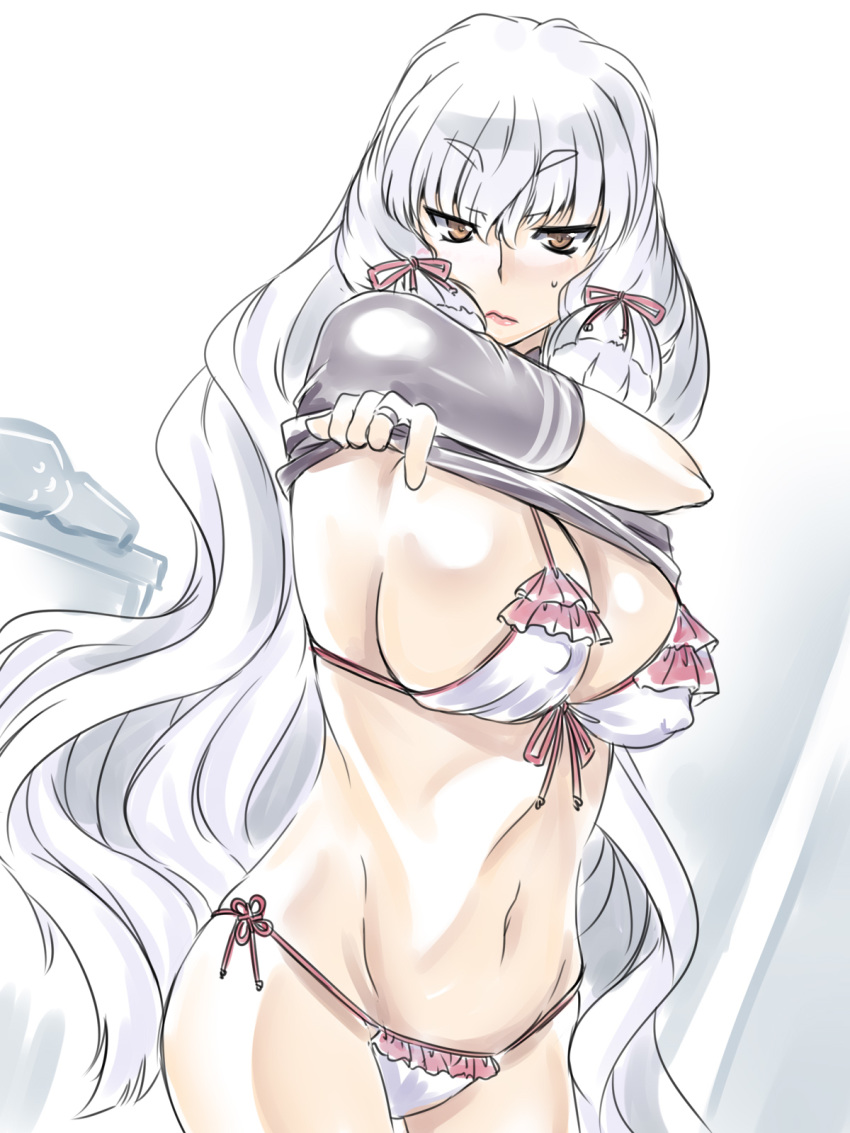 alternate_breast_size bikini breasts closed_mouth commentary_request covered_nipples eyebrows_visible_through_hair hair_between_eyes hair_ribbon hakkai highres kantai_collection large_breasts long_hair looking_at_viewer murakumo_(kantai_collection) older ribbon sidelocks silver_hair swimsuit tress_ribbon undressing very_long_hair yellow_eyes