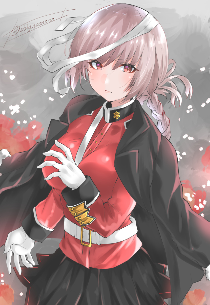 bandages between_breasts black_skirt braid breasts expressionless eyebrows_visible_through_hair fate/grand_order fate_(series) florence_nightingale_(fate/grand_order) gloves grey_hair hair_between_eyes highres jacket_on_shoulders large_breasts long_hair looking_at_viewer military military_uniform red_eyes serious shignonpencil skirt solo strap_cleavage uniform white_gloves