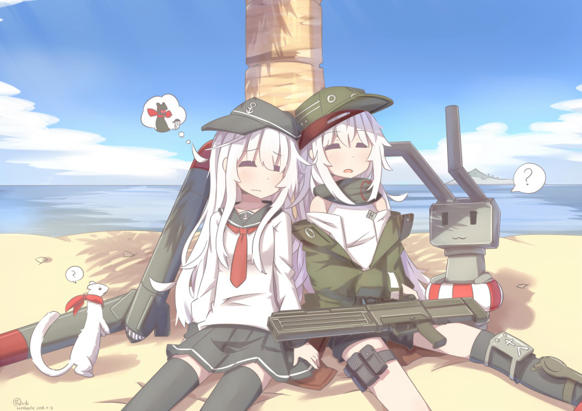 ? absurdres assault_rifle bangs beach blue_sky closed_eyes closed_mouth cloud commentary_request crossover day dreaming eyebrows_visible_through_hair ferret flat_cap frown g11 g11_(girls_frontline) girls_frontline gun hair_between_eyes hat hibiki_(kantai_collection) highres hinbackc jacket kantai_collection long_hair long_sleeves look-alike multiple_girls ocean open_clothes open_mouth outdoors palm_tree rensouhou-chan rifle sand scarf scarf_on_head school_uniform serafuku shade shirt shorts shoulder_cutout signature silver_hair single_knee_pad sitting skirt sky sleeping sleeping_upright thigh_pouch thigh_strap thighhighs torpedo tree very_long_hair weapon