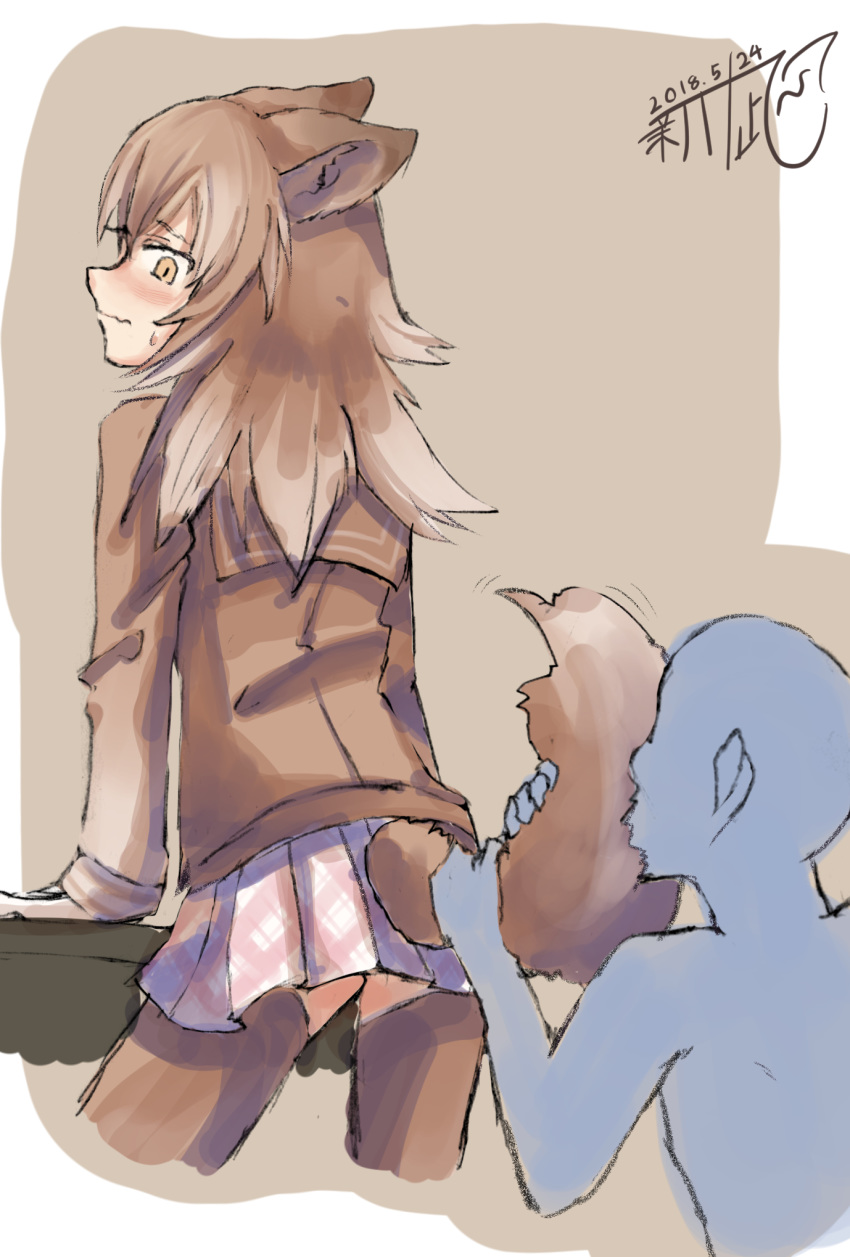 2018 ambiguous_gender animal_humanoid anon biped blush brown_background brown_clothing brown_eyes brown_hair brown_tail brown_theme canine caress clothing digital_drawing_(artwork) digital_media_(artwork) duo ears_back embarrassed female female/ambiguous female_focus flustered frown furgonomics grey_body hair hi_res human human_on_humanoid humanoid inner_ear_fluff japanese japanese_wolf_(kemono_friends) kemono_friends legwear light_skin mammal on_table pink_clothing plaid pleated_skirt rear_view school_uniform signature simple_background skirt solo_focus standing table tail_button_bottoms tail_clothing tail_grab tail_hug tan_skin thigh_highs uniform wolf_humanoid 夜凪にたか