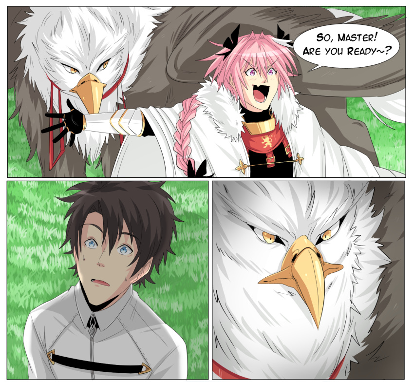 armor astolfo_(fate) bangs beak black_bow blair_(touya1) blue_eyes bow braid chaldea_uniform colorized comic commentary creature english english_commentary eyebrows_visible_through_hair fang fate/grand_order fate_(series) feathers fujimaru_ritsuka_(male) gauntlets grass griffin hair_between_eyes hair_bow hair_ribbon highres hippogriff jacket leash long_hair multicolored_hair multiple_boys open_mouth otoko_no_ko outdoors pink_hair purple_eyes ribbon short_hair single_braid speech_bubble sweatdrop white_jacket wings yellow_eyes