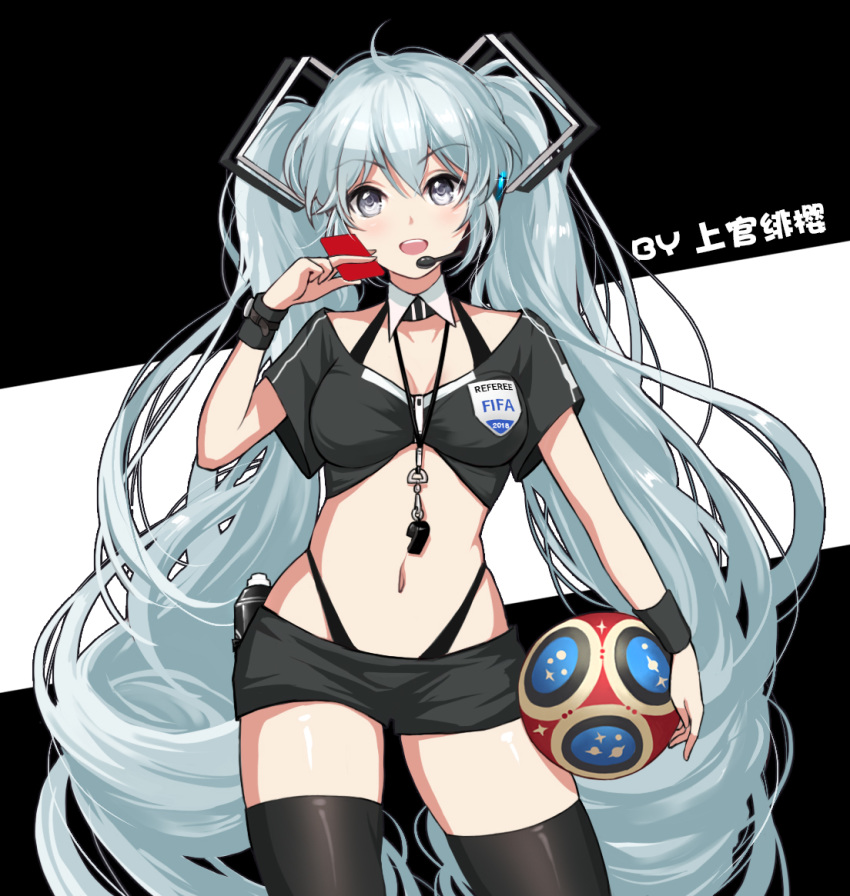 2018_fifa_world_cup alternate_costume ball between_fingers bikini black_background black_bikini black_legwear black_shirt black_shorts blue_eyes blush breasts card chinese_commentary cleavage commentary cowboy_shot crop_top detached_collar eyebrows_visible_through_hair hair_between_eyes hand_up hatsune_miku headset highleg highleg_bikini holding holding_ball holding_card long_hair looking_at_viewer medium_breasts midriff navel red_card shangguan_feiying shiny shiny_skin shirt short_shorts short_sleeves shorts silver_eyes skindentation soccer soccer_ball solo standing stomach swimsuit thighhighs thighs twintails two-tone_background very_long_hair vocaloid whistle white_background world_cup wristband