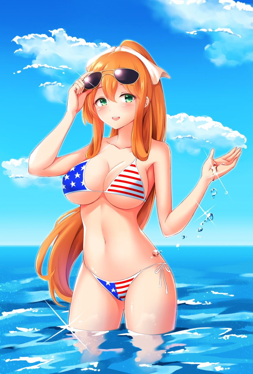 absurdres alternate_costume american_flag_bikini armpits bangs bare_shoulders bikini bloody0rabby blue_sky blush breasts brown_hair cleavage collarbone commentary_request day eyebrows_visible_through_hair flag_print girls_frontline green_eyes hair_between_eyes hair_ribbon hair_rings hand_on_eyewear hand_up highres korean_commentary large_breasts long_hair looking_at_viewer m1903_springfield_(girls_frontline) navel ocean open_mouth outdoors ponytail ribbon side-tie_bikini sidelocks sky smile solo sparkle stomach sunglasses swimsuit wading white_ribbon