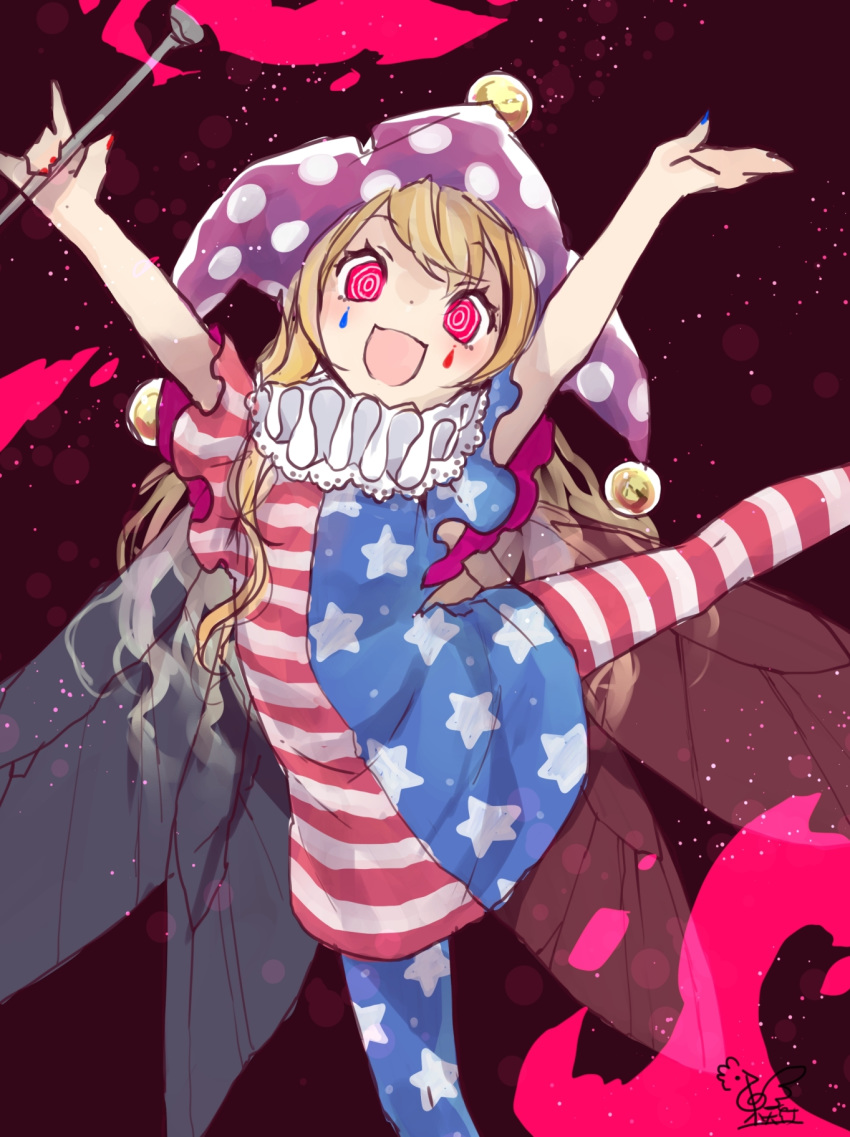 :d \m/ american_flag_dress american_flag_legwear arms_up artist_name bare_arms blonde_hair blue_nails clownpiece commentary_request dress eyebrows_visible_through_hair facepaint fairy_wings feet_out_of_frame fire hat highres holding jester_cap leg_up light_particles long_hair looking_at_viewer nail_polish neck_ruff open_mouth pantyhose pink_eyes polka_dot polka_dot_hat purple_hat red_nails ringed_eyes short_dress short_sleeves signature sketch smile solo star star_print striped striped_dress striped_legwear torch touhou toutenkou wings