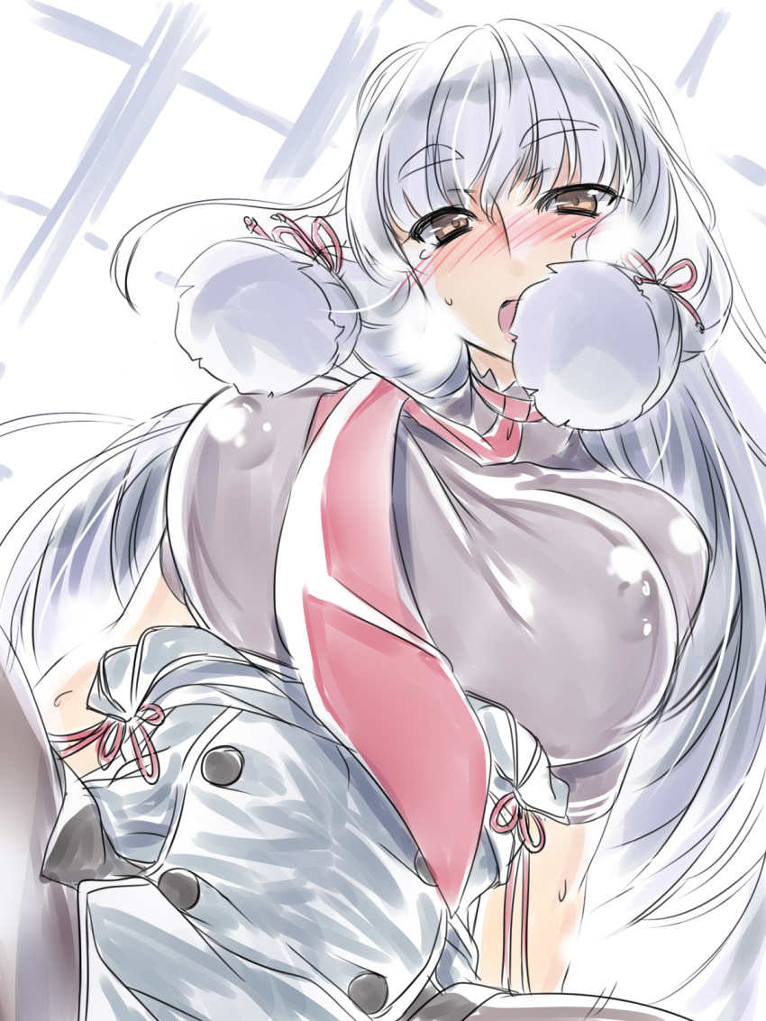 alternate_breast_size black_legwear blush breasts brown_eyes commentary_request covered_nipples eyebrows_visible_through_hair from_below hair_between_eyes hair_ribbon hakkai highres kantai_collection large_breasts long_hair looking_at_viewer murakumo_(kantai_collection) necktie older open_mouth pantyhose red_neckwear remodel_(kantai_collection) ribbon sidelocks silver_hair tress_ribbon very_long_hair