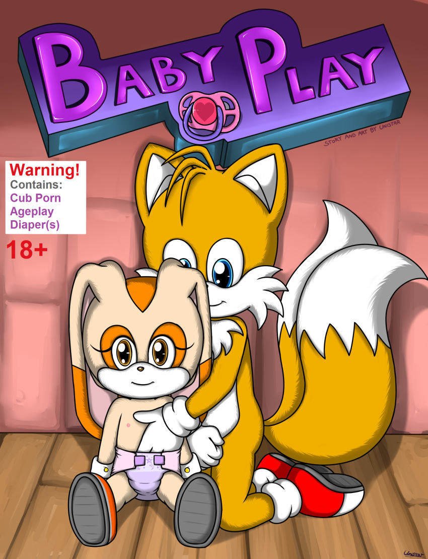 2014 anthro canine clothing comic cover cream_the_rabbit cub diaper duo english_text female footwear fox lagomorph male male/female mammal miles_prower rabbit sonic_(series) text unistar young