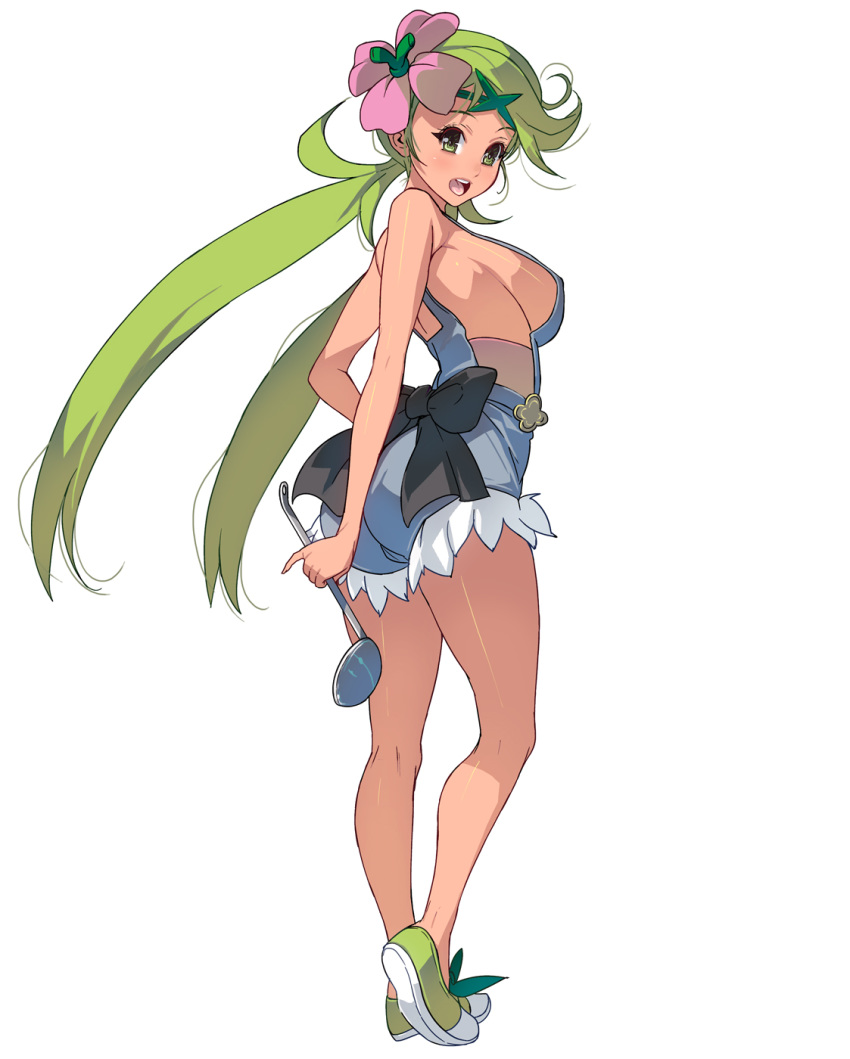 ass bangs breasts commentary dark_skin flower full_body green_eyes green_hair hair_flower hair_ornament highres holding impossible_clothes ladle large_breasts long_hair looking_at_viewer low_twintails mao_(pokemon) masao no_bra open_mouth overalls pokemon pokemon_(game) pokemon_sm sideboob solo swept_bangs tan twintails
