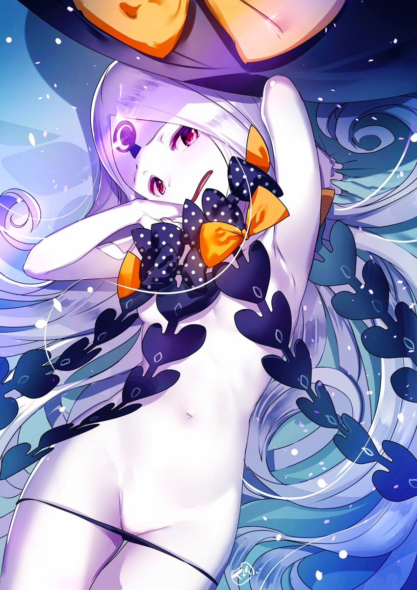 abigail_williams_(fate/grand_order) arm_up bangs black_bow black_panties bow breasts fate/grand_order fate_(series) highres keyhole light_particles long_hair lowleg lowleg_panties lying navel on_back open_mouth orange_bow panties parted_bangs pink_eyes polka_dot polka_dot_bow small_breasts solo stomach third_eye underwear very_long_hair white_hair white_skin yamacchi