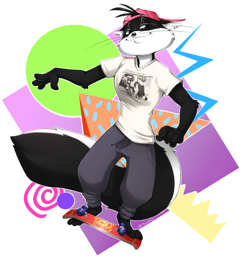 abstract_background anthro clothed clothing ear_piercing feline female hat mammal piercing skateboard smile solo spazzyhusky whiskers
