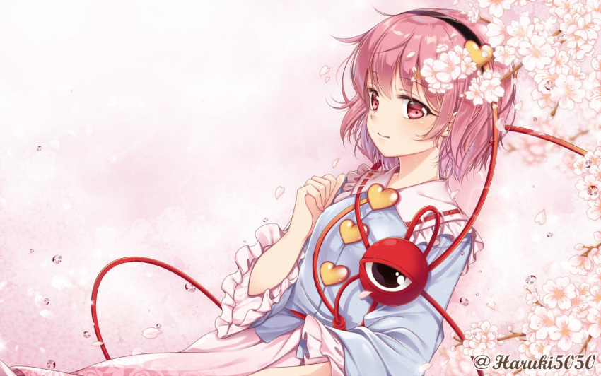 artist_name black_hairband blue_shirt cherry_blossoms commentary_request eyebrows_visible_through_hair flower frilled_shirt_collar frilled_sleeves frills hair_ornament hairband hand_up haruki_(colorful_macaron) heart heart_hair_ornament komeiji_satori long_sleeves looking_at_viewer petals pink_background pink_eyes pink_hair pink_skirt ribbon-trimmed_collar ribbon_trim shirt short_hair skirt smile solo third_eye touhou twitter_username upper_body water_drop white_flower wide_sleeves